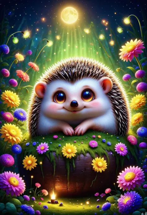 a cute tiny hedgehog sleeping inside a big flower, surrounded by fireflies and flowers, night time, <lora:PinkieChbPtsSDXL:0.8>, p1nkch1b1p3ts, chibi animal, no human,