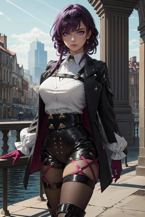 (masterpiece, best quality, ultra detailed, absurdres:1.5), 1girl, (sexy, beautiful woman, perfect face, perfect eyes, perfect female body:1.5), (zzKafka, purple_hair, sunglasses, eyewear on head, harness, black jacket, white shirt, collared shirt, long sleeves, white sleeves, purple gloves, black shorts, thigh strap, pantyhose, black boots,  <lora:kafkaStarRail_v1:0.7>), (standing, outdoors, modern city in background), perfect lighting, smooth, hdr