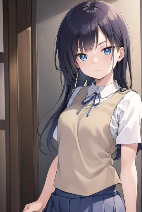 anime girl with long black hair and blue eyes standing in front of a door