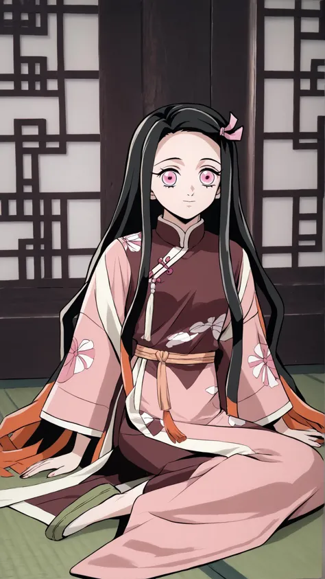 a woman in a kimono sitting on the floor with a pink flower in her hair