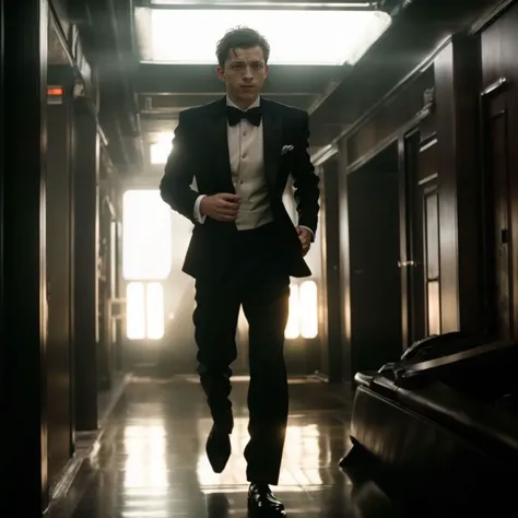 arafed image of a man in a tuxedo walking down a hallway