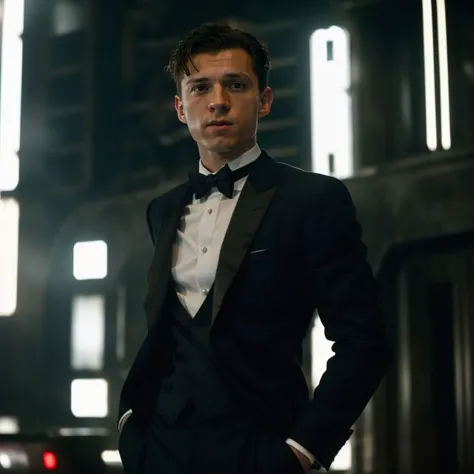 a man in a tuxedo standing in a dark room