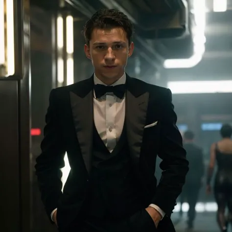 a man in a tuxedo standing in a hallway