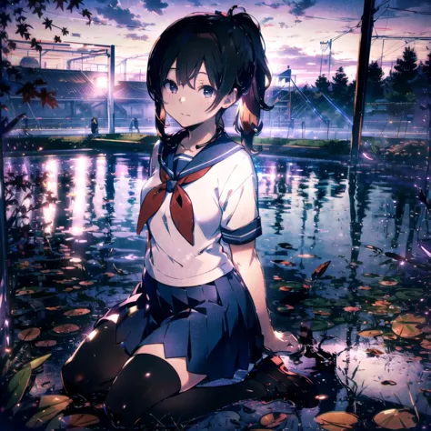 anime girl sitting on the ground in front of a lake