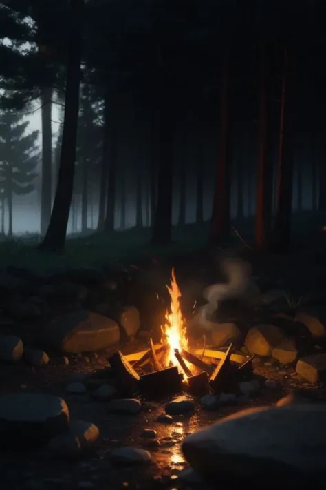 a fire in the middle of a forest with rocks and trees