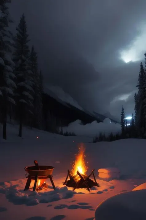 Campfire, (luminescence:0.1), water from fire, Dark, night, heavy snow, racking fire, misty rain, documentary movie shot, ((macro)) sharp focus