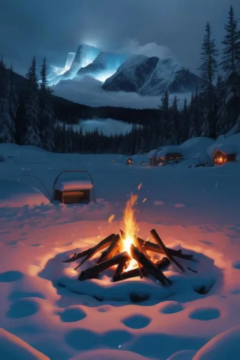 a close up of a fire in the snow near a mountain