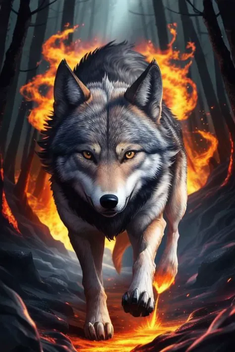 a wolf is running through the woods with fire coming out of it