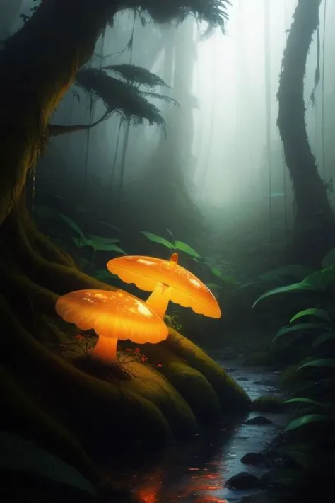 Fungi like ((transparent)) orange jelly-fishes growing randomly on a rotten tree trunk in a rain forest, (luminescence:0.1), racking morning light, misty rain, documentary movie shot, ((macro)) sharp focus