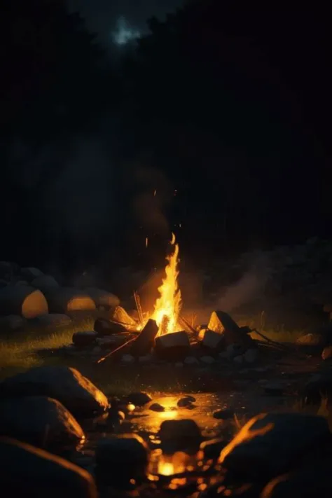 a fire is lit in the dark by rocks and grass