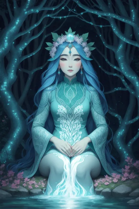 a woman with blue hair and a crown sits in the water