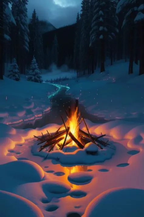 a fire in the snow with a mountain in the background