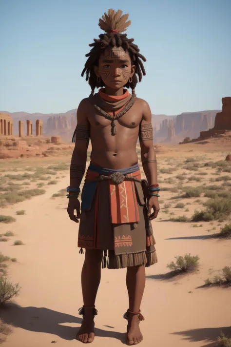 An elder villager with weathered, rough skin adorned with ancient tribal markings, standing stoically amidst a desolate landscape, the intricate lines on their skin telling tales of forgotten wisdom and resilience. (((weathered skin))) (((ancient tribal markings))) (((desolate landscape))).