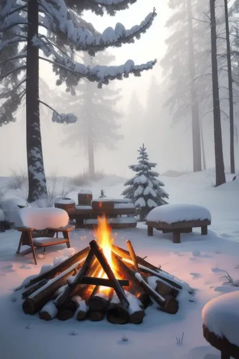 snowy scene of a fire pit with benches and trees in the background