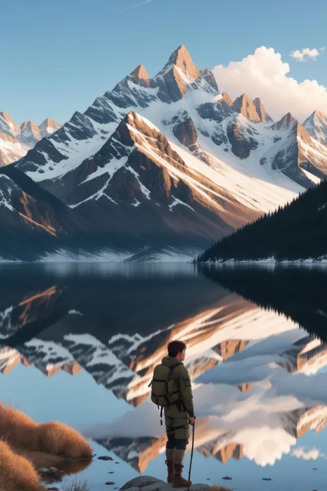 arafed man standing on a rock looking at a mountain lake