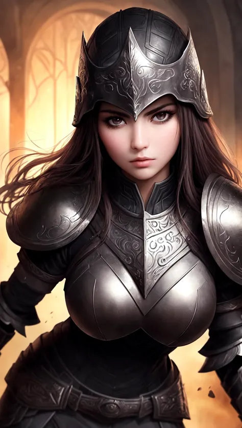 ((best quality)), ((masterpiece)), (detailed), beautiful face, female warrior, big eyes, heavy black iron armor, detailed helmet, intense gaze, battle-ready, contrasting soft skin, (lighting:1.2),