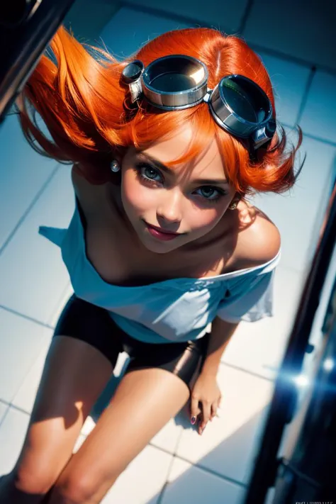 a close up of a woman with red hair wearing goggles