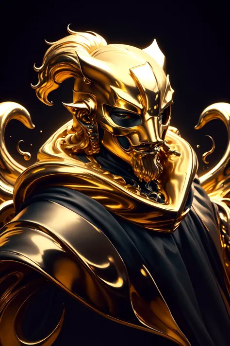 a close up of a golden statue of a man with a mask