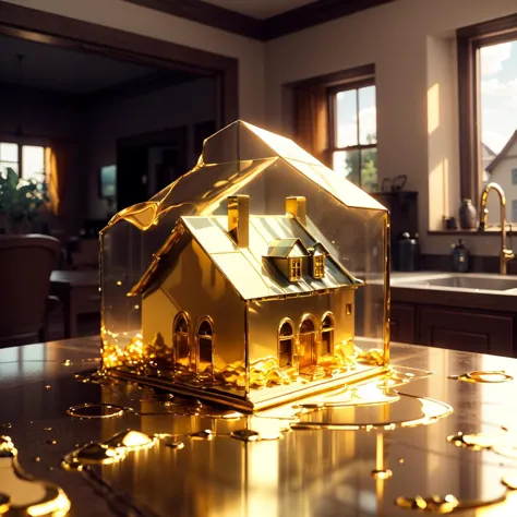 there is a gold house on a table with a lot of gold around it