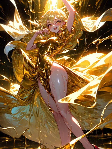 a woman in a golden dress is dancing with a sword