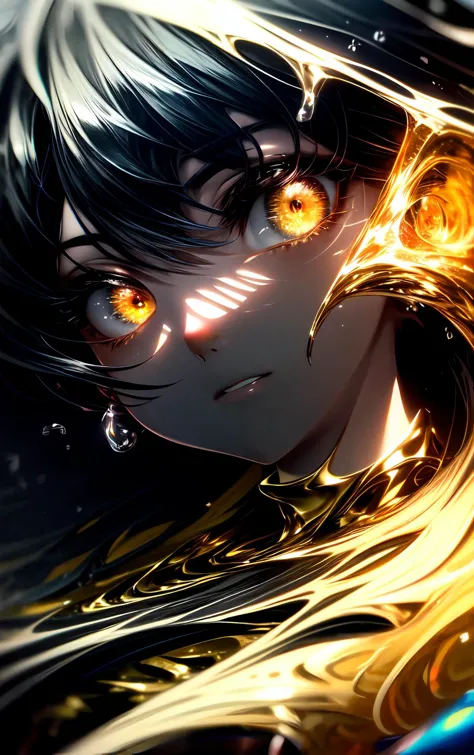 anime girl with yellow eyes and black hair with a golden eagle