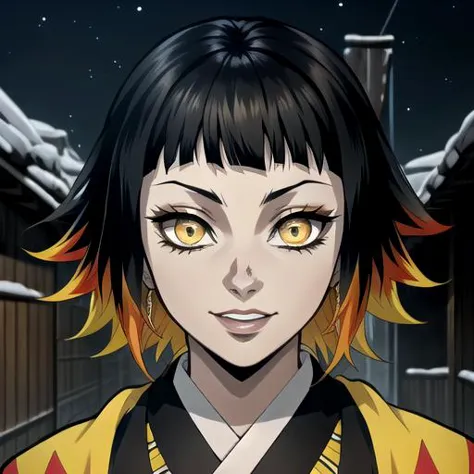 anime girl with yellow eyes and black hair in a yellow kimono