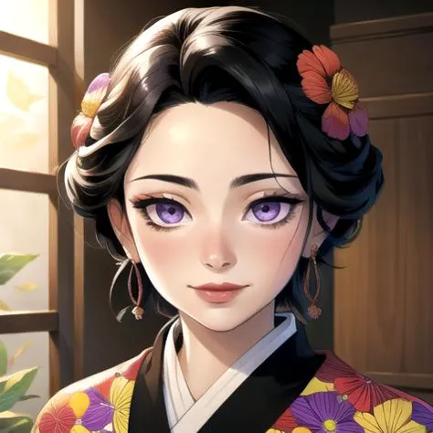 a close up of a woman with purple eyes and a flower in her hair