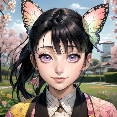 anime girl with butterfly ears and a tie in a park