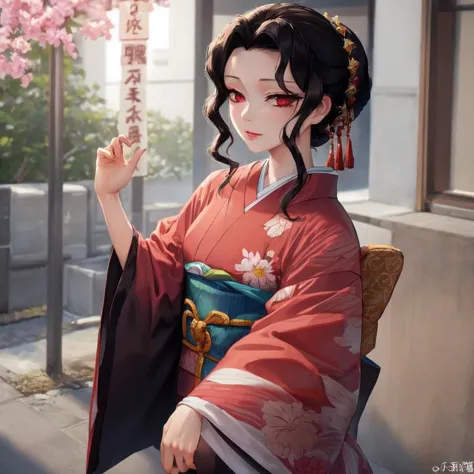 anime girl in kimono outfit holding a flower in her hand