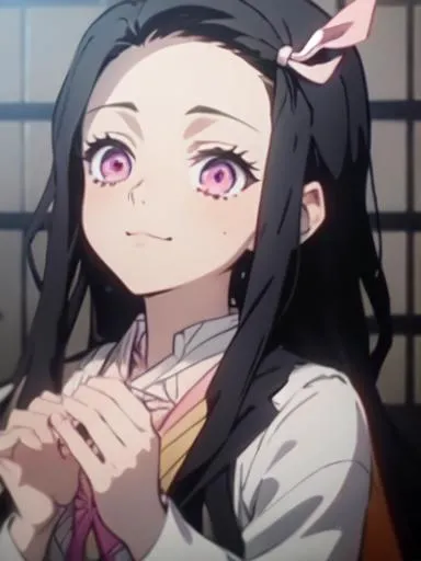 anime girl with long black hair and pink eyes holding a pink bow