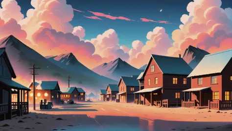 anime style matte painting, cozy,sky fantasy town in a Arctic Desert