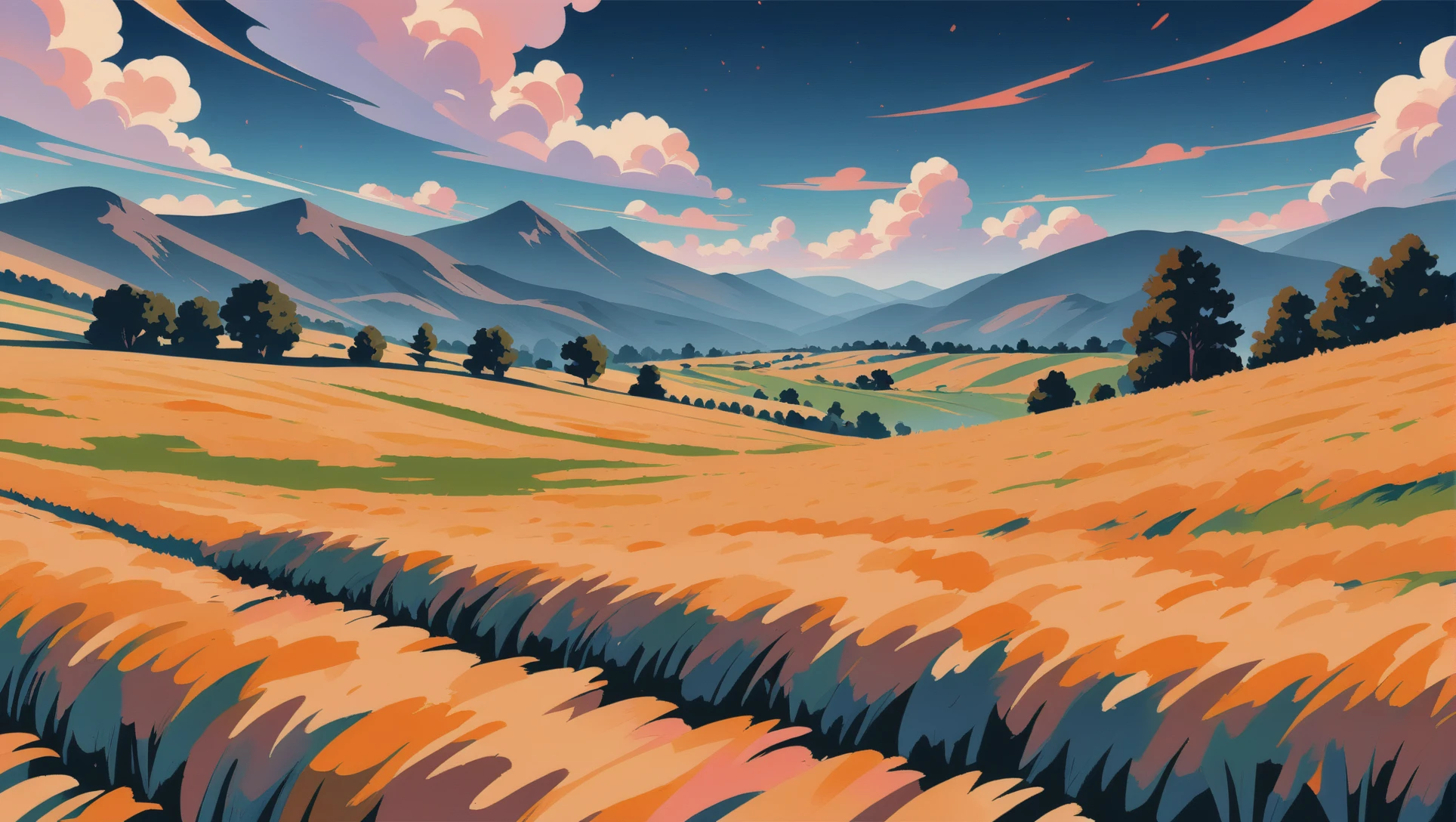 peinture mate de style anime, un champ de blé parmi les collines
