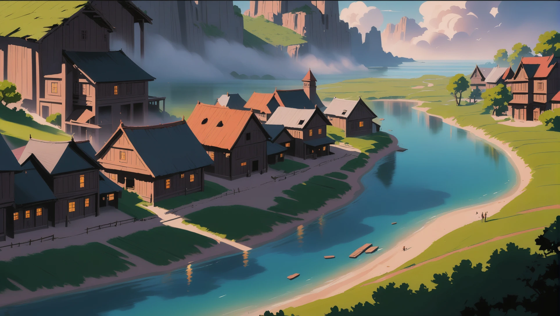 peinture mate de style anime, village fantastique historique à la fin des temps