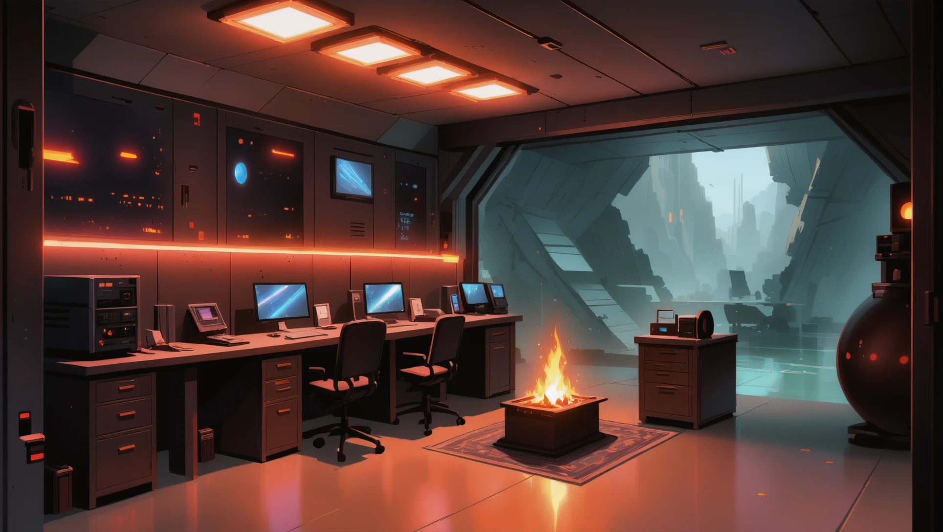 Matte Painting im Anime-Stil, Countdown-Raum für Doomsday-Geräte \(Zimmer\) In einer gemütlichen,rustikale Science-Fiction-Siedlung in einer Höhle