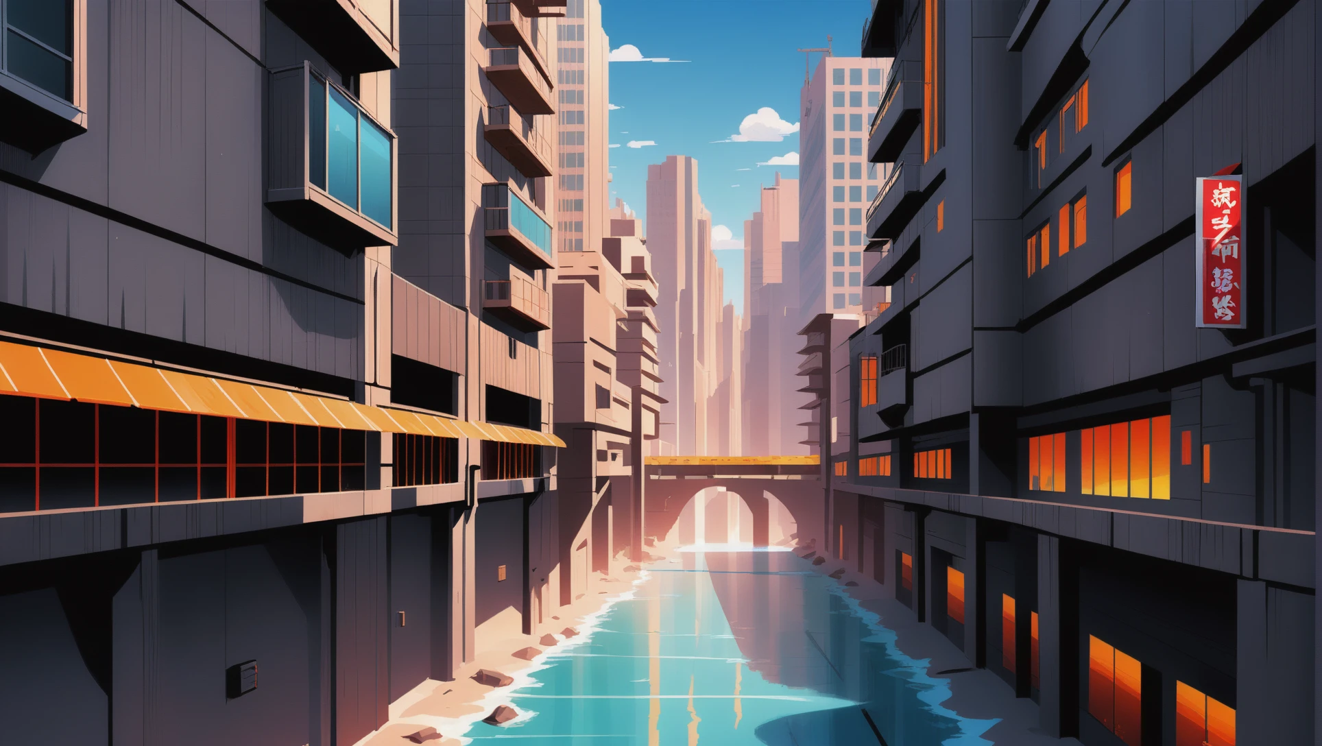 Matte Painting im Anime-Stil, eine dystopische Fantasy-Metropole an einer Klippe