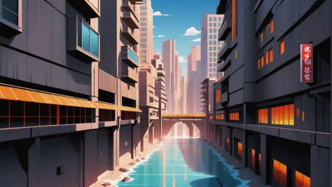 anime style matte painting, a dystopian fantasy cliffside metropolis