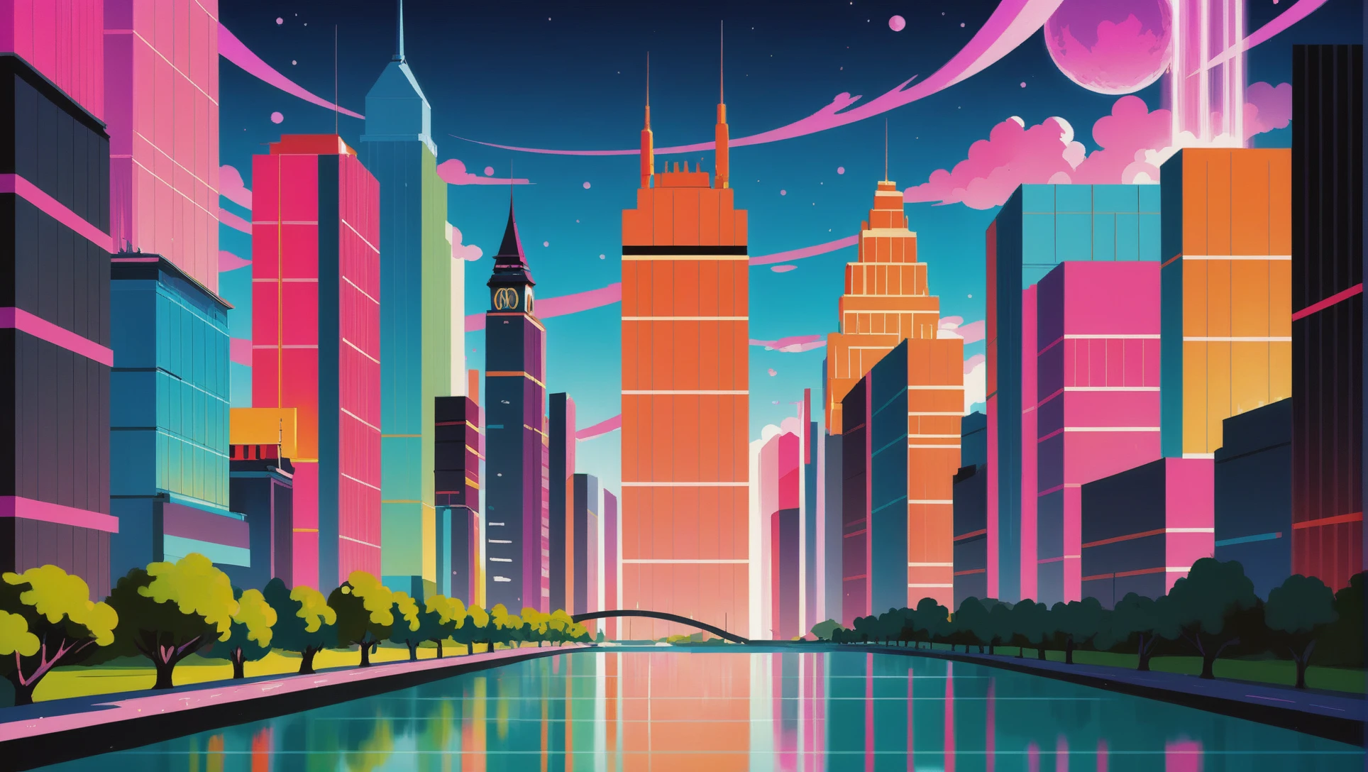 фон фильма в стиле аниме, веселый фантастический город на краю вселенной