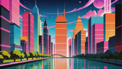 anime style movie background, cheerful fantasy city at the end of the universe