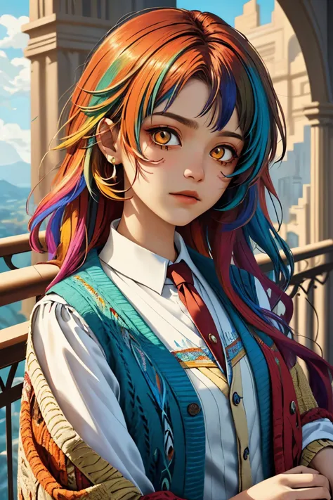 a woman with colorful hair and a tie standing on a bridge