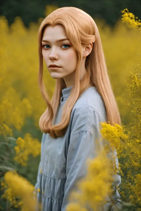 a woman with long blonde hair standing in a field of yellow flowers