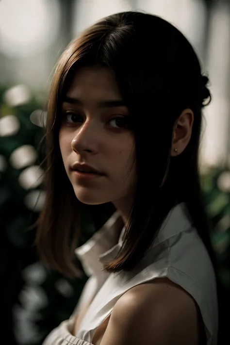 a close up of a woman with a white shirt and a flower