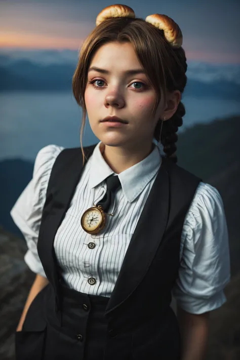 (from above, closeup on face:1.2) photo of <lora:tenletters_v1:.9> tenletters, she is wearing waistcoat , she is wearing pocket watch, her hair is styled as doughnut bun, BREAK she is (stargazing on a mountaintop at night:1.1), low key lighting, 8mm fisheye lens ,shot on Sony A7III ,underexposed,Velvia 100 ,