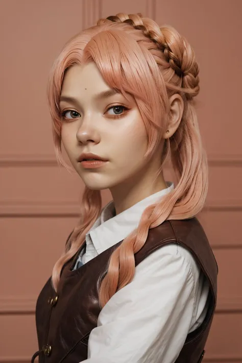 headshot photo of <lora:tenletters_v1:.9> tenletters, focus on face, wearing leather armor , her Peach puff color hair is styled as greek bun,