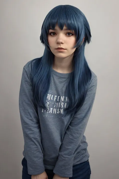 a woman with blue hair and a grey shirt posing for a picture