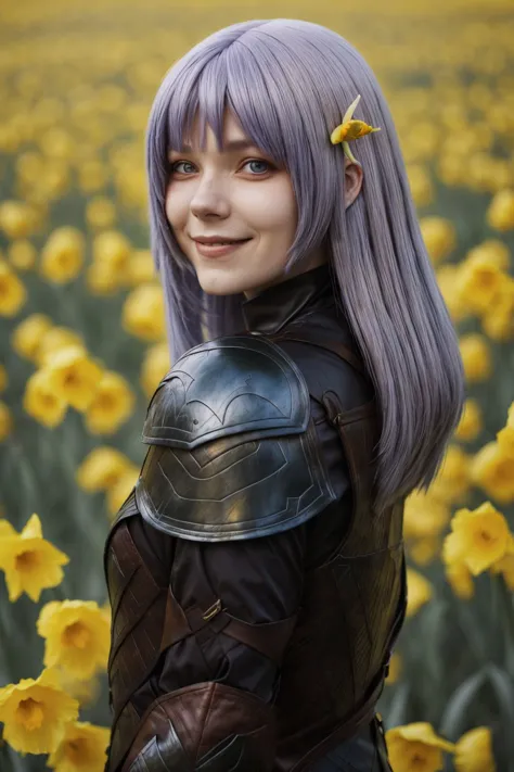 portrait photo of <lora:tenletters_v1:.9> tenletters, focus on smiling face, wearing leather armor , her color daffodil hair is styled as textured shoulder-length hair,