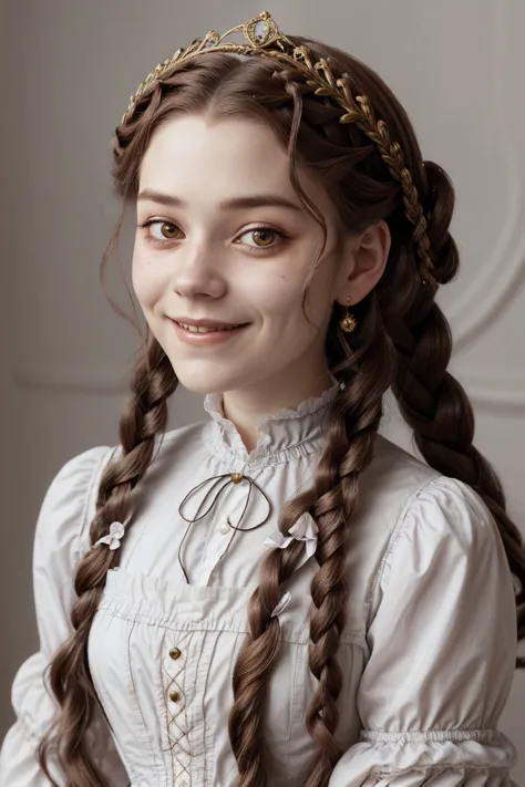 headshot photo of <lora:tenletters_v1:.9> tenletters, focus on smiling face, wearing victorian clothing , her hair is styled as french fishtail crown braid,