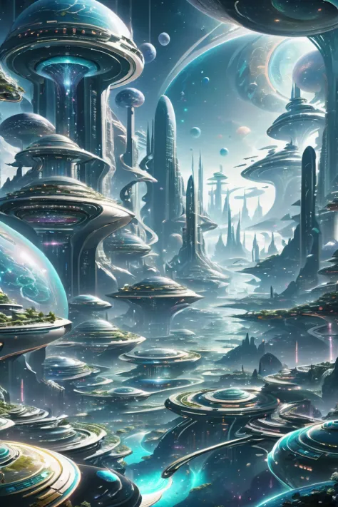 a futuristic city with a lot of spaceships and other planets