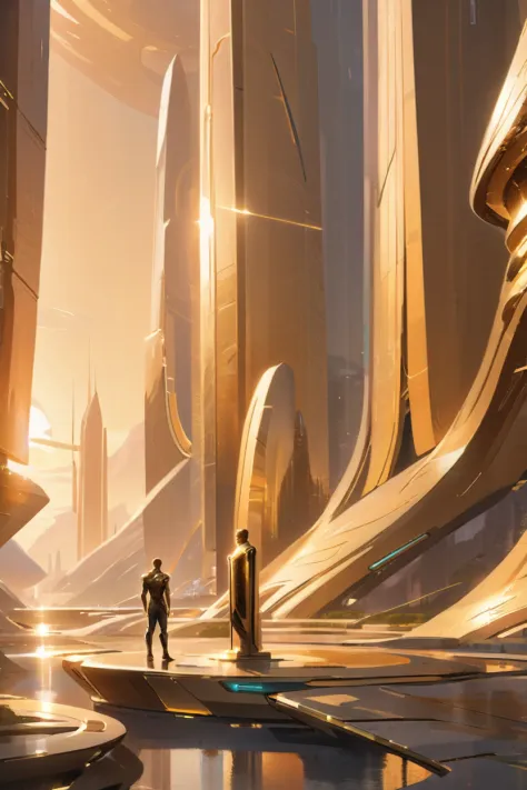 a man standing in a futuristic city with a giant building