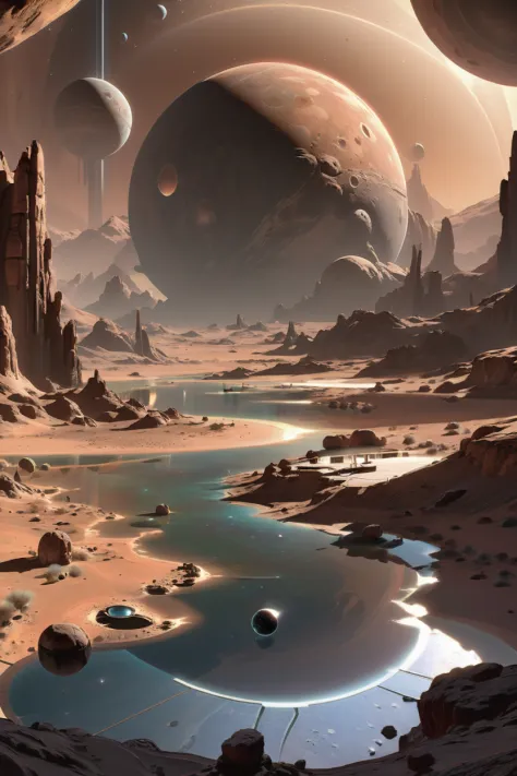 a painting of a desert with a river and planets in the background