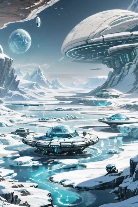 a painting of a futuristic spaceship floating in the middle of a snowy landscape